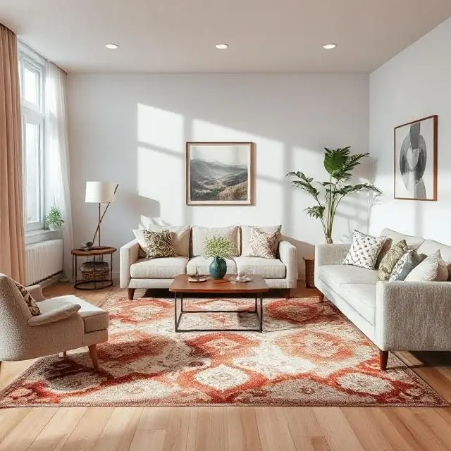 A comfortable and stylish living room with a beautiful carpet as the centerpiece.