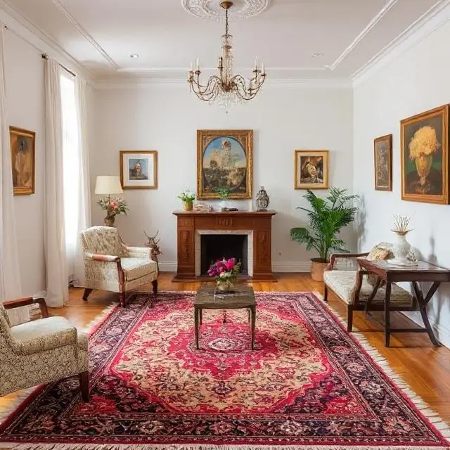 A room with a traditional Persian rug.