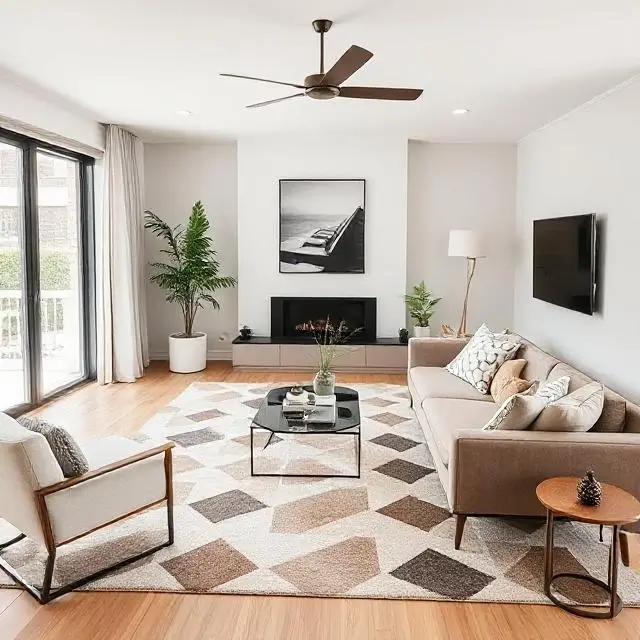 A modern living room with a geometric rug.