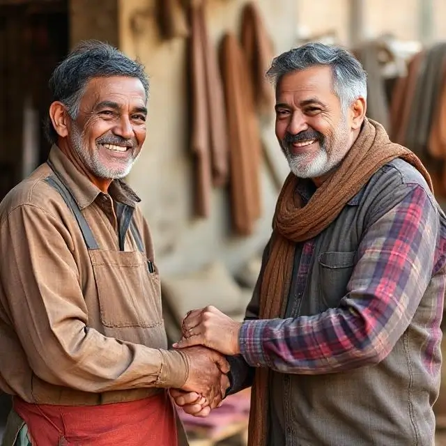 Two people, an artisan and a buyer, smiling and shaking hands.