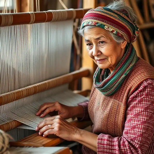 Portrait of an artisan weaver working at a loom.