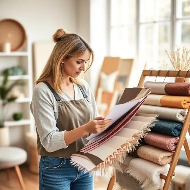 An interior designer reviewing fabric and color swatches in a well-lit studio.