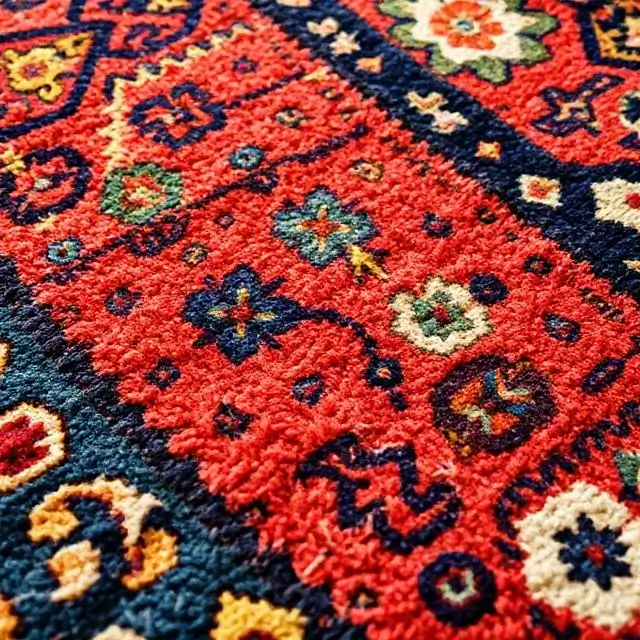 A detailed shot of a colorful, intricately woven carpet.